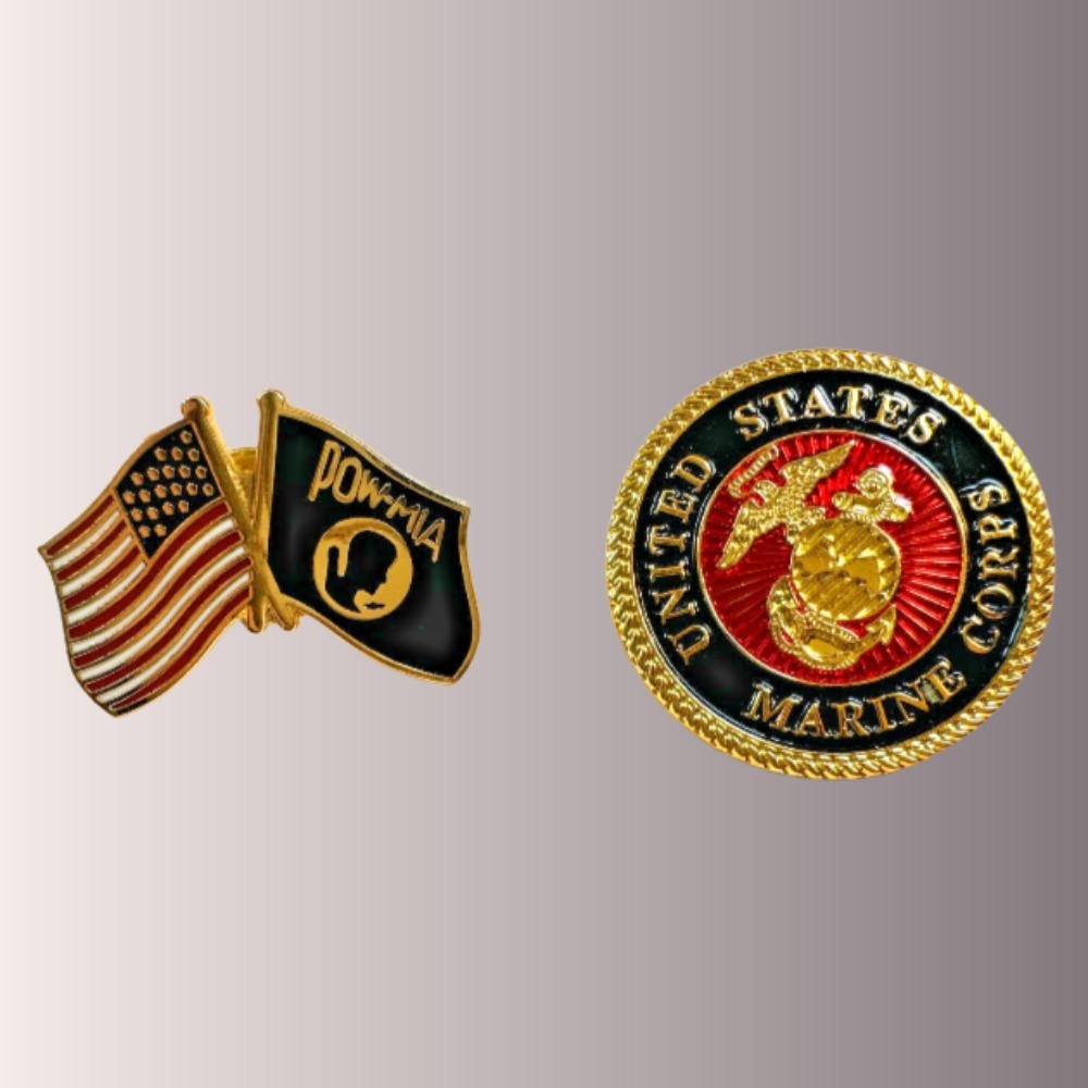 Vtg LOT 2 US Military Lapel Pin Gold Tone United States Marines Vietnam POW-MIA